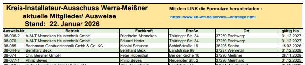 Neuer Stand der Liste Kreisinstallatuer Ausschuss 2026 - Klick hier - oder Menuepunkt Start - um die Liste zu sehen